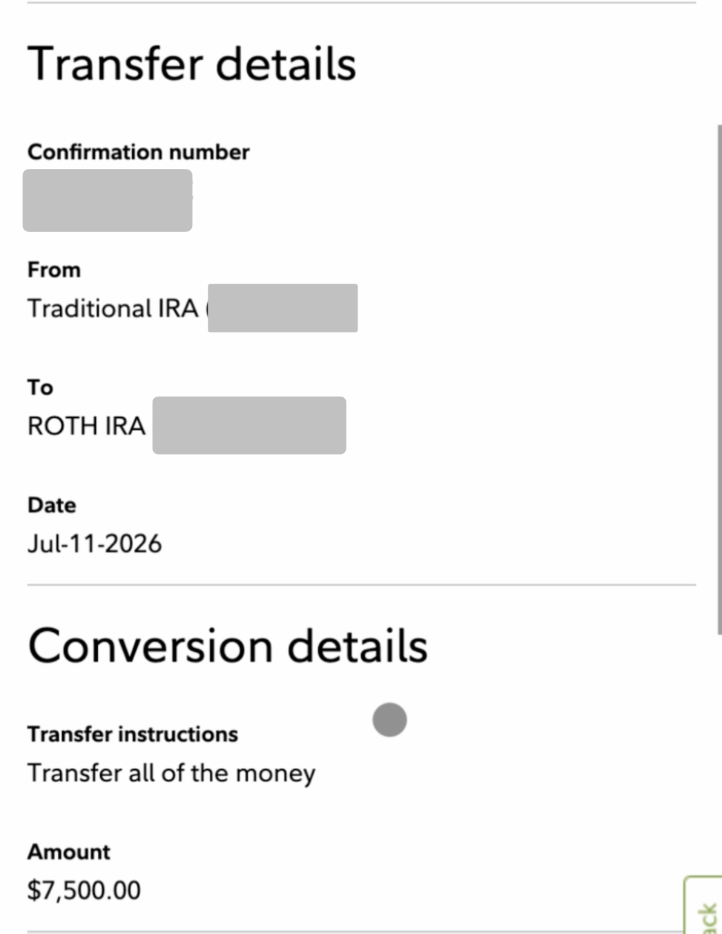 Fidelity Roth conversion confirmation with amount $7,500