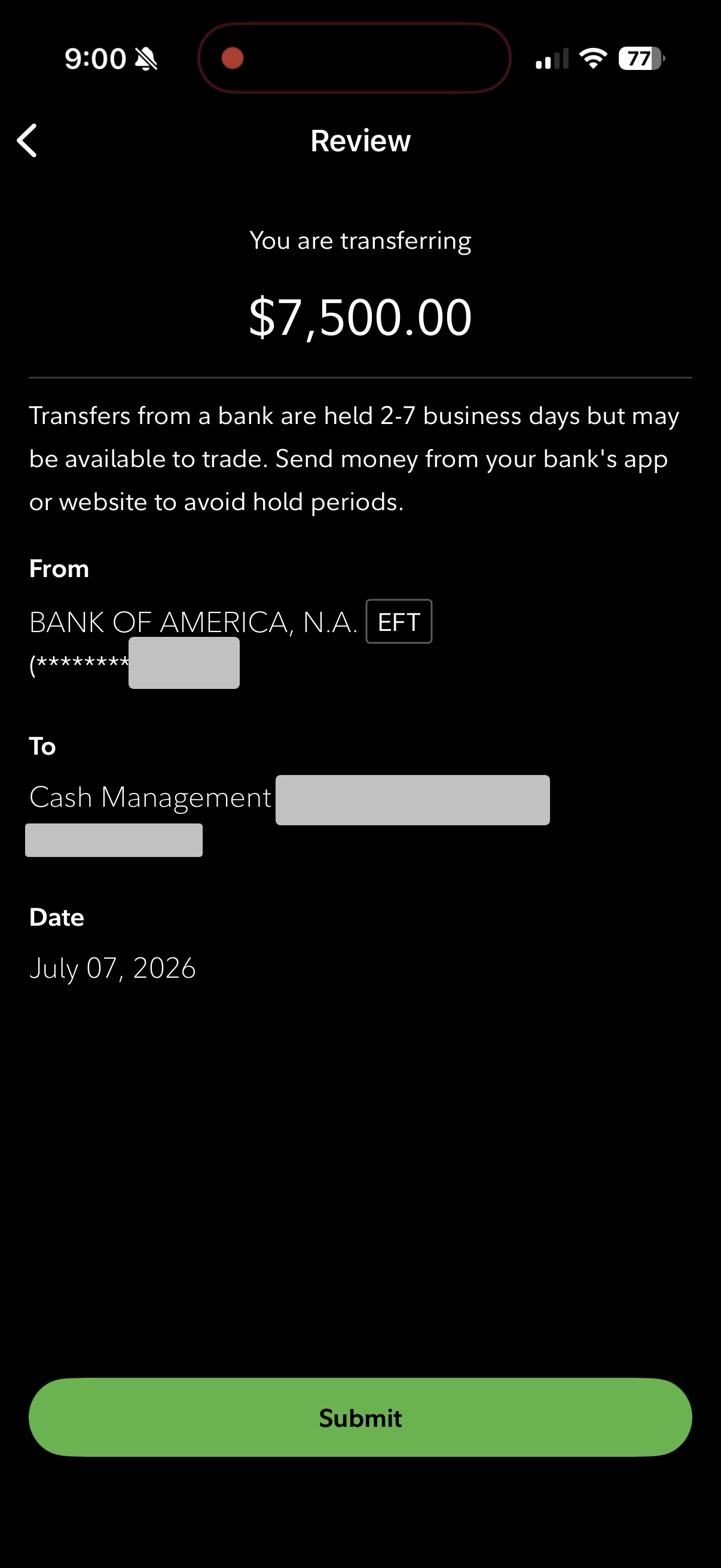 Fidelity transfer review: $7,500 from Bank of America to Cash Management