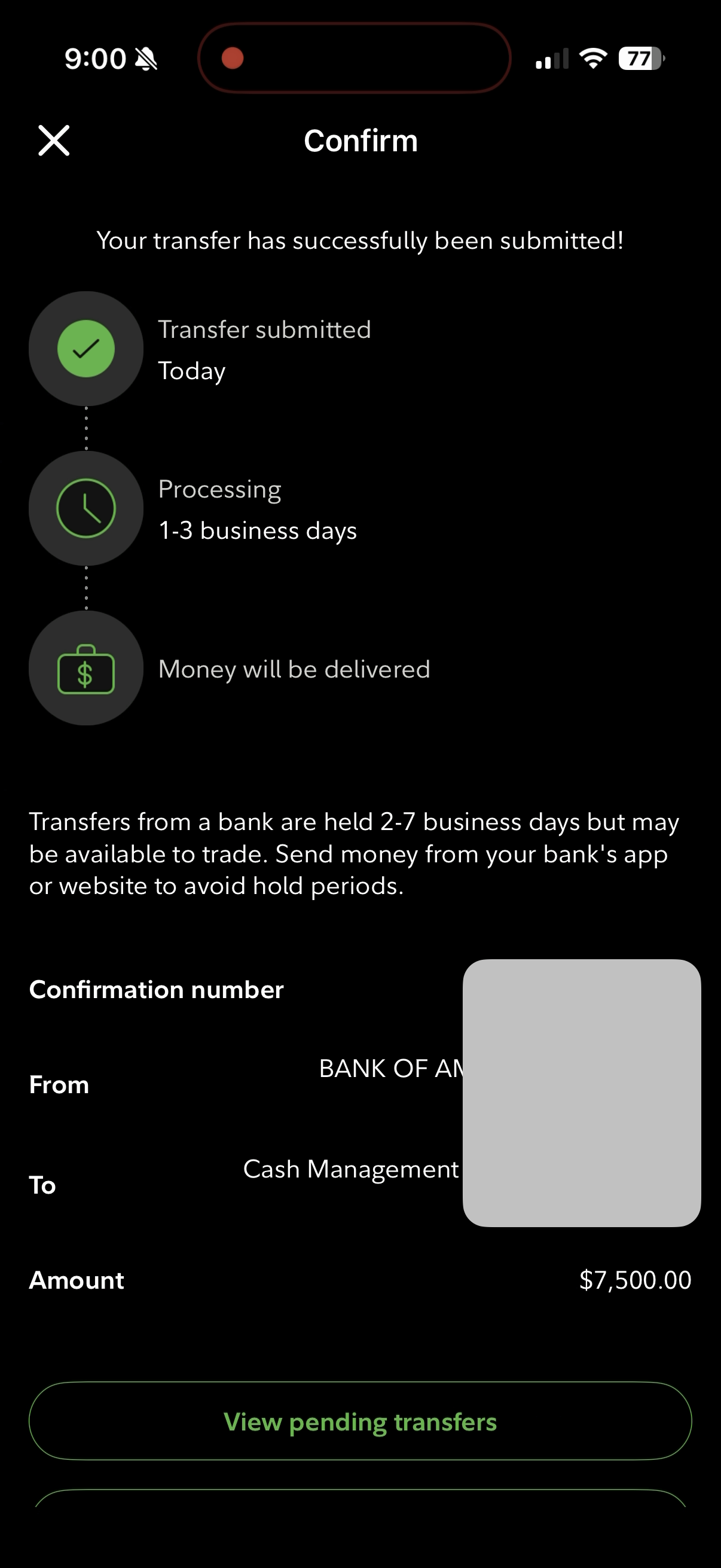 Fidelity transfer submitted confirmation screen