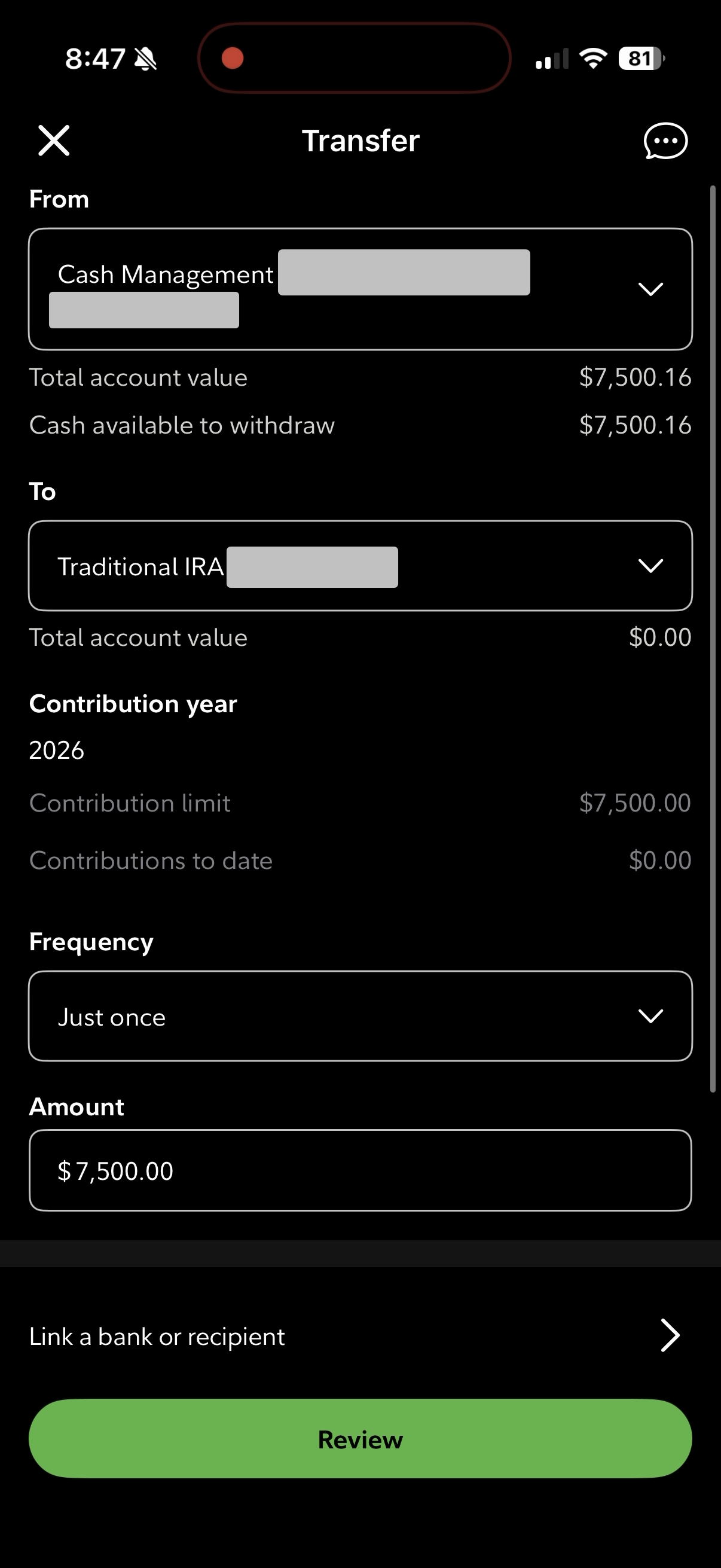 Fidelity mobile app: transferring $7,500 from Cash Management to Traditional IRA for 2026 contribution year
