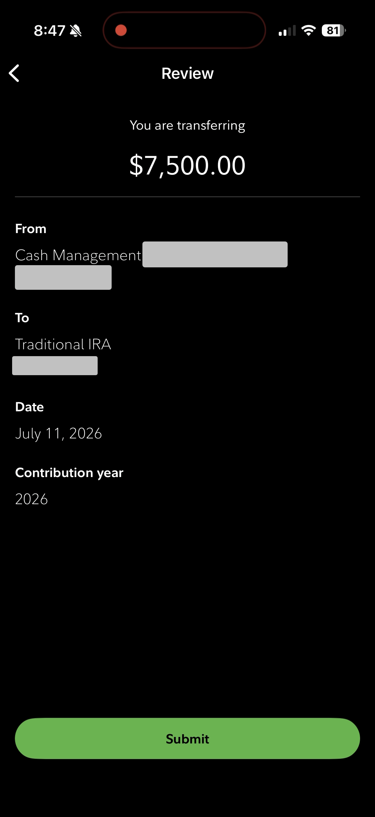 Fidelity review screen: $7,500 into Traditional IRA