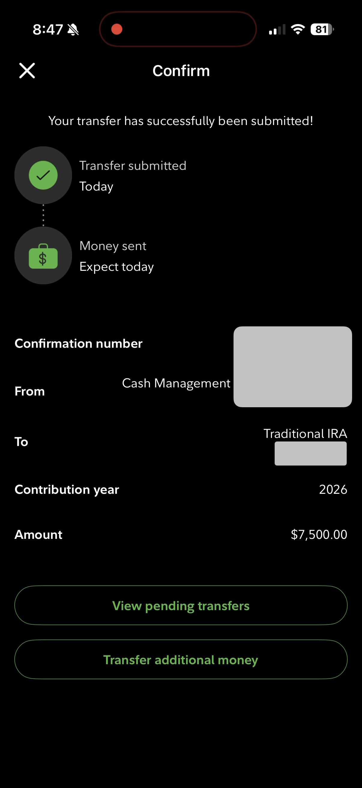 Fidelity Traditional IRA transfer confirmation with 'Money sent' status