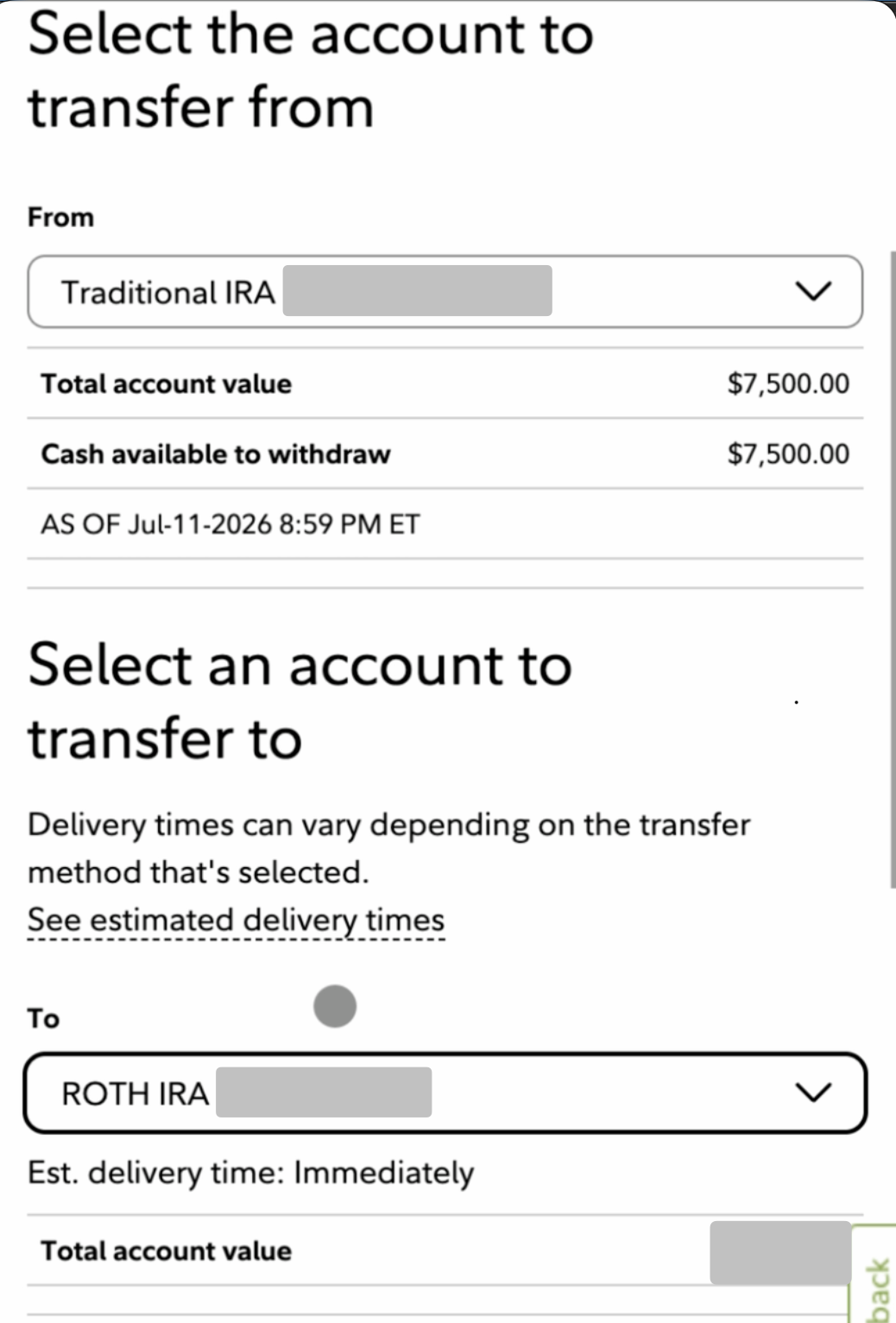Fidelity desktop: select accounts for Roth conversion