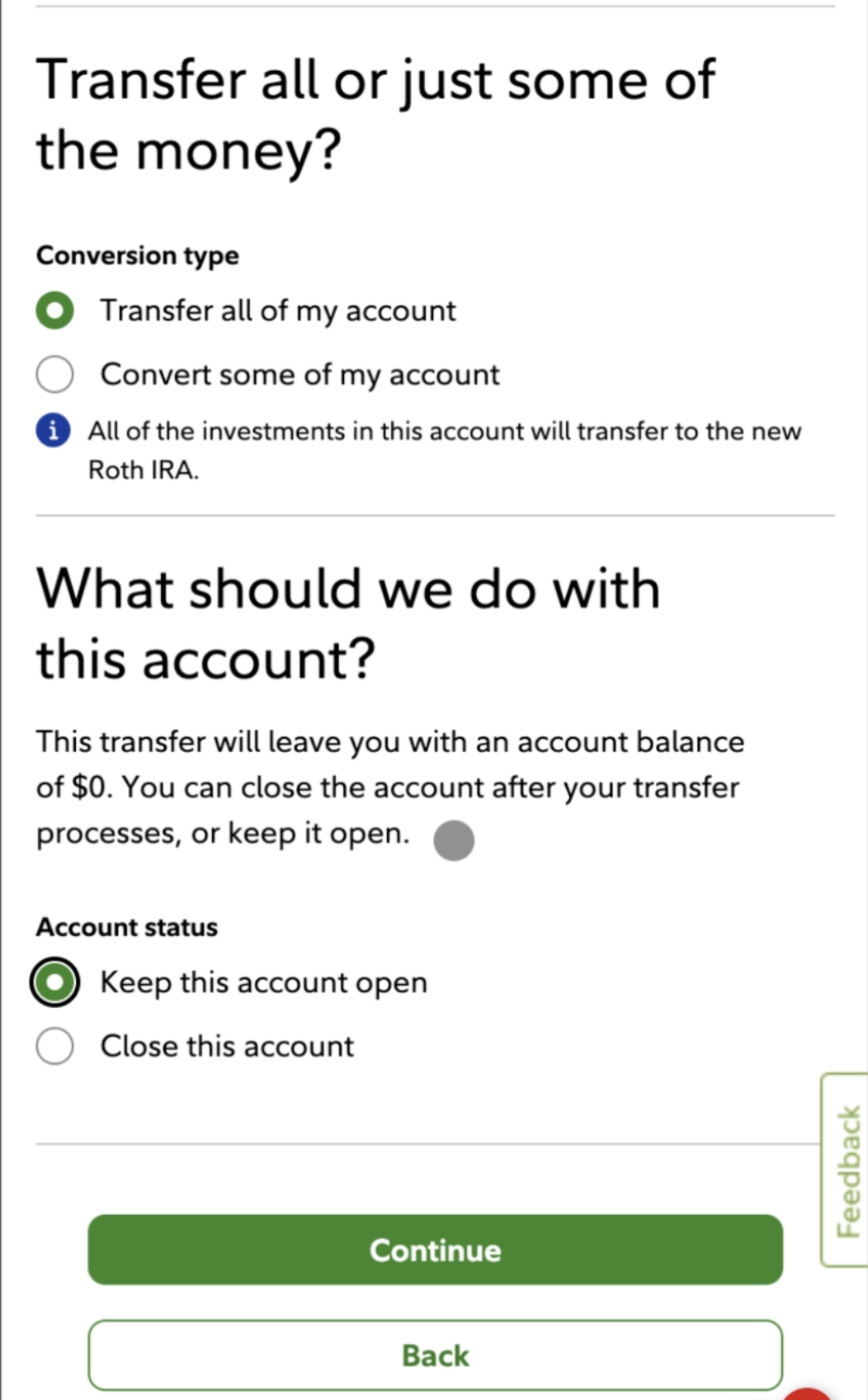 Fidelity Roth conversion: transfer all amount, keep account open
