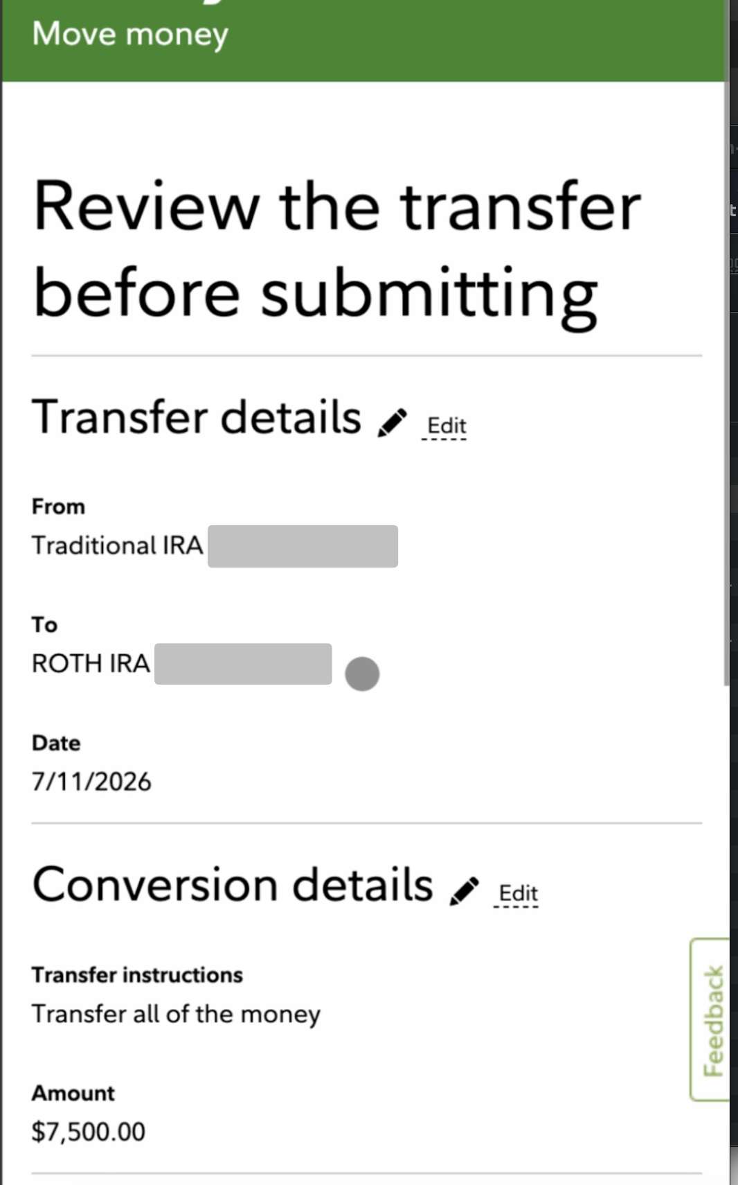 Fidelity review: Roth conversion of $7,500 from Traditional IRA