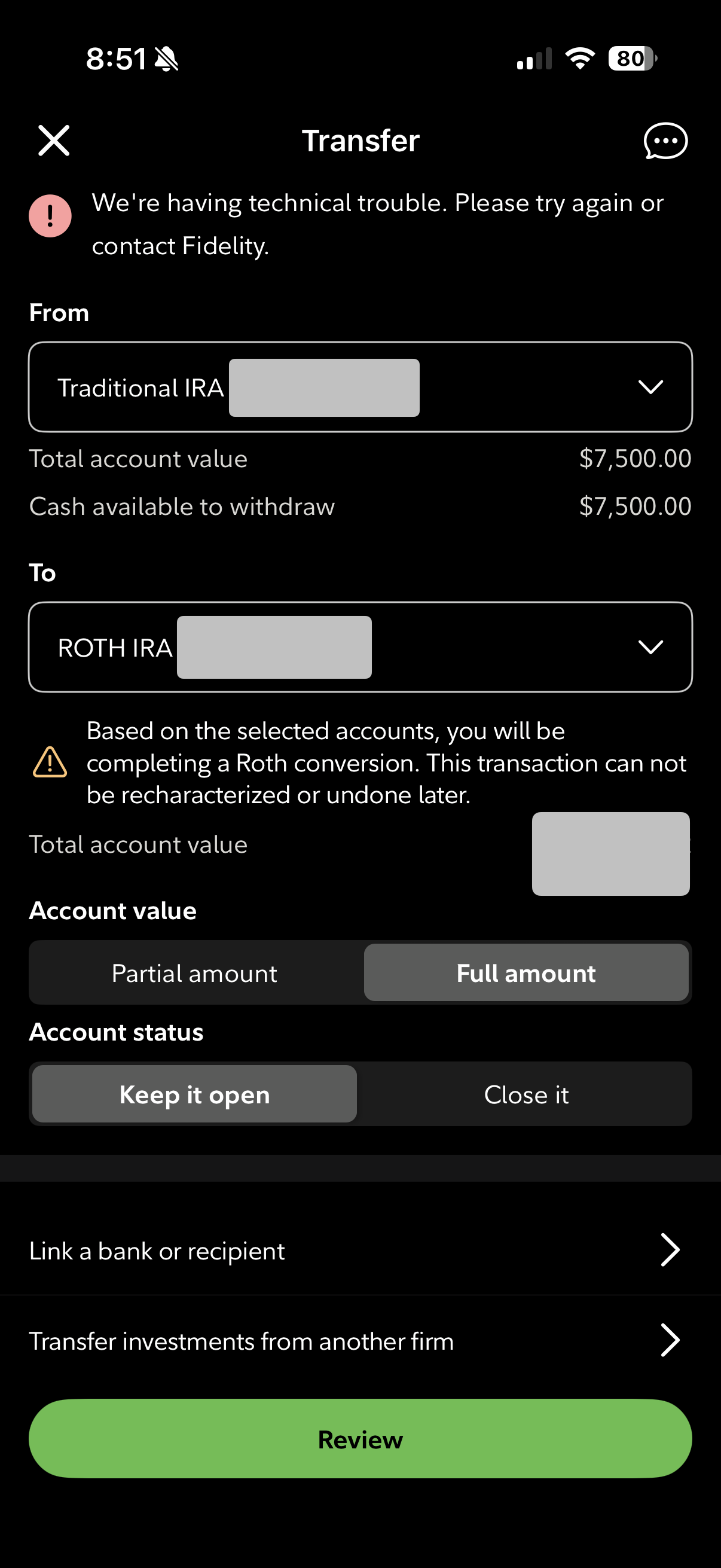 Fidelity mobile app error: cannot complete Roth conversion, must use desktop