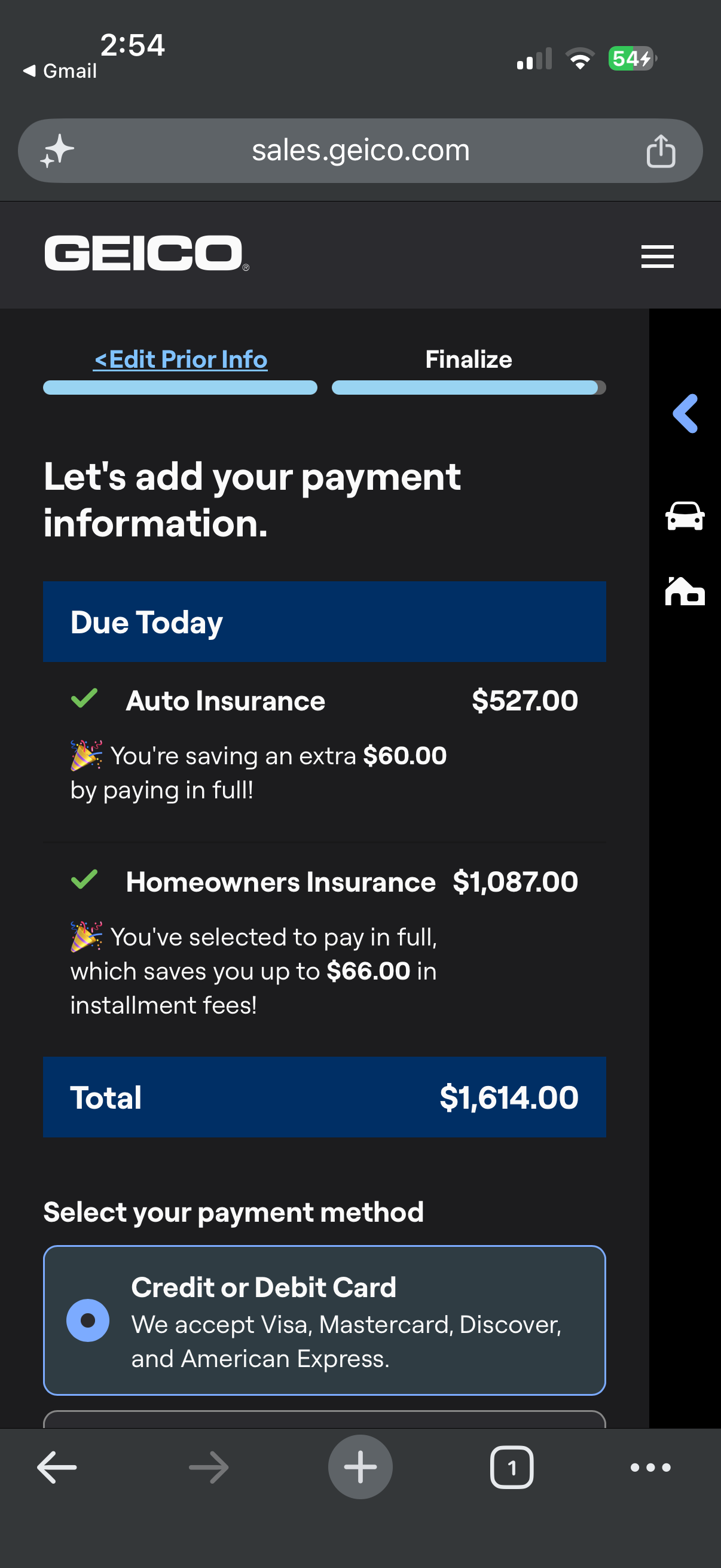 Geico checkout showing auto insurance $527 and homeowners insurance $1,087, total $1,614 due today when paying in full